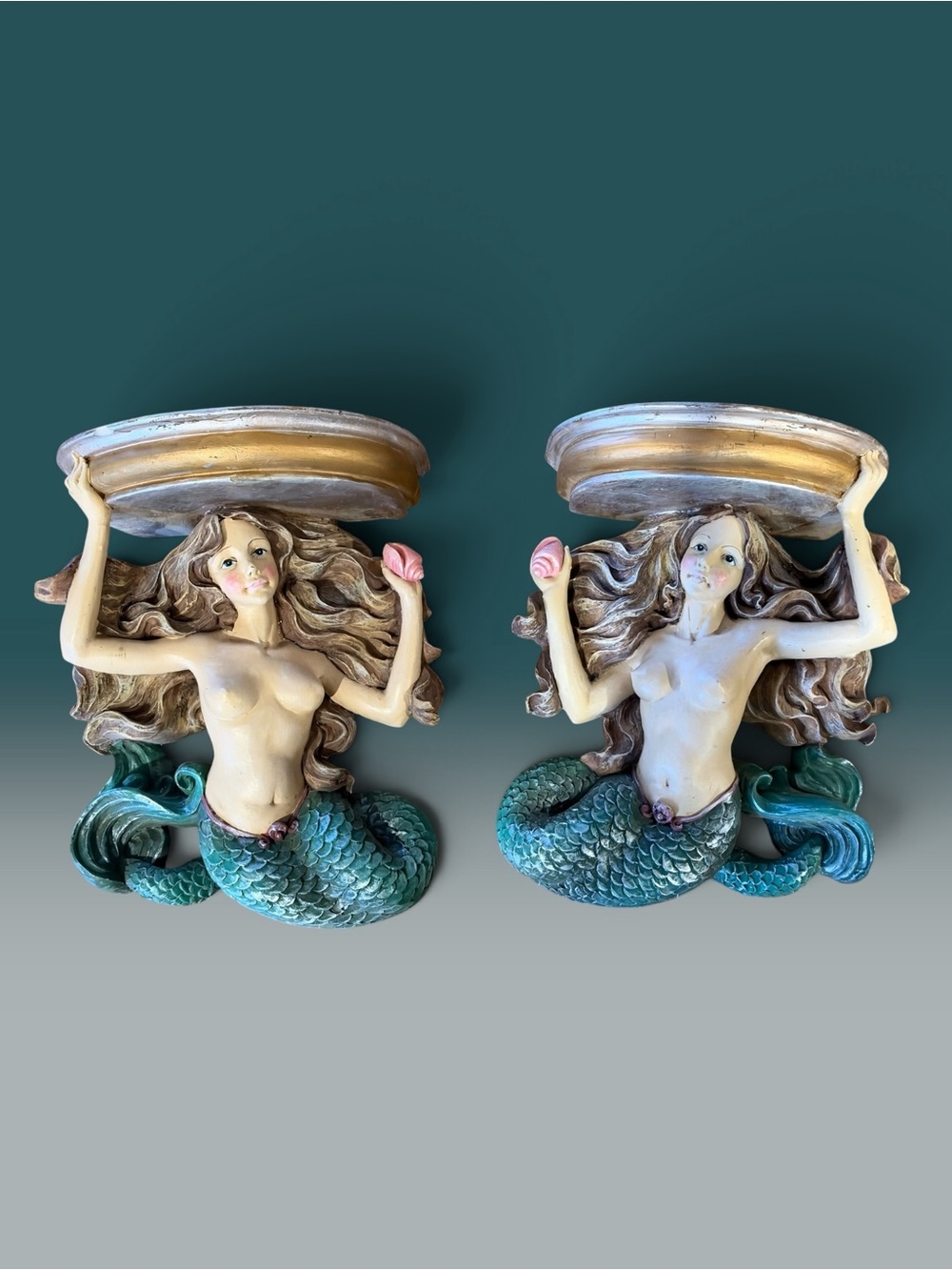 Pair of Teal Mermaid Wall Sconces - Candle Holders by Toscano